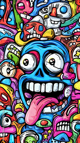 Colorful abstract illustration featuring playful skulls and faces
