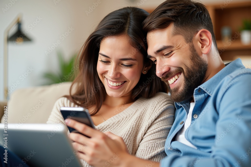 Young Couple Enjoying Quality Time Together While Using Digital Devices in a Cozy Living Room Setting Young Couple Enjoying Quality Time Together While Using Digital Devices in a Cozy Living Room Setting
