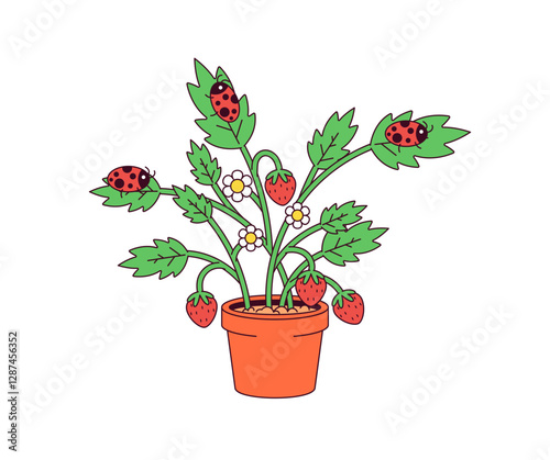 Strawberry plant on a pot and surrounded with ladybugs vector illustration