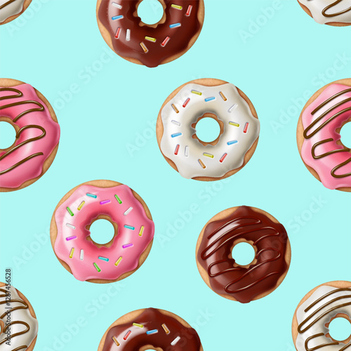 3d realistic vector illustration. Colorful doughnuts with chocolate glaze pattern with sprinkles.