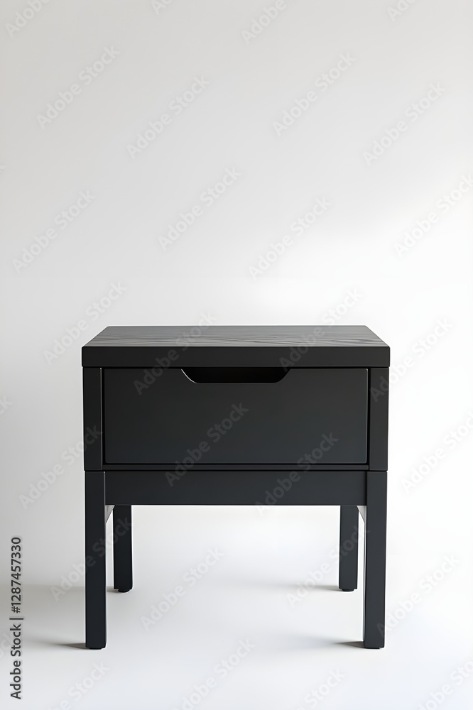 The modern black side table features a sleek single drawer design, set against a white backdrop The modern black side table features a sleek single drawer design, set against a white backdrop