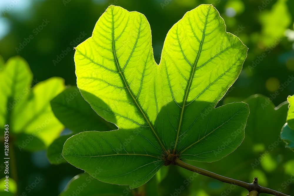 Closeup of a vibrant green leaf in sunlight, showcasing intricate veins.