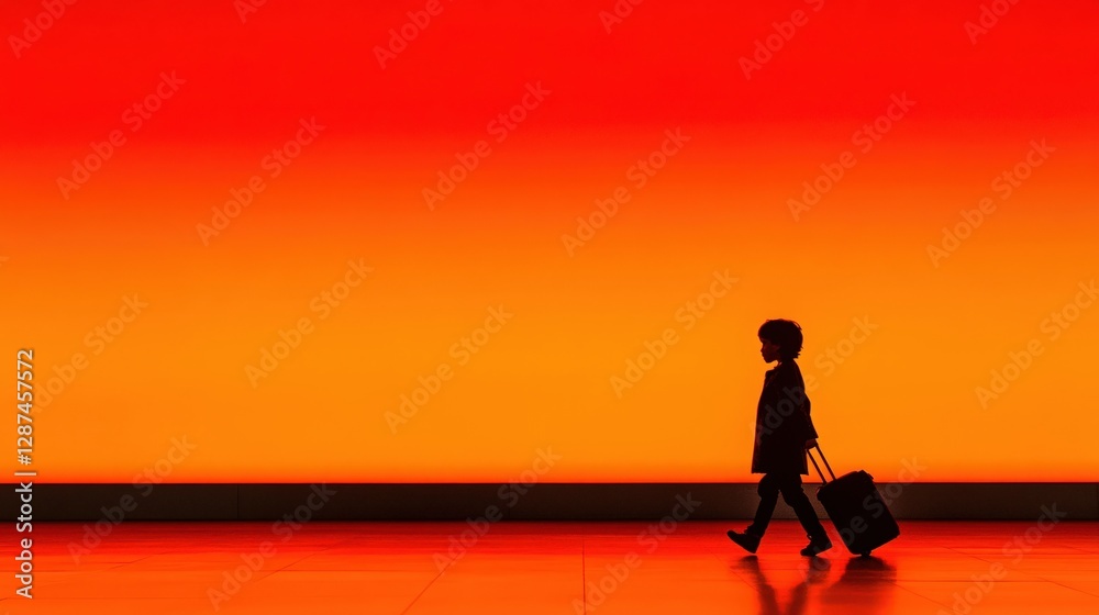 Fototapeta premium Silhouette of a child walking with a suitcase against a vibrant orange sunset gradient background, evoking a sense of adventure and travel