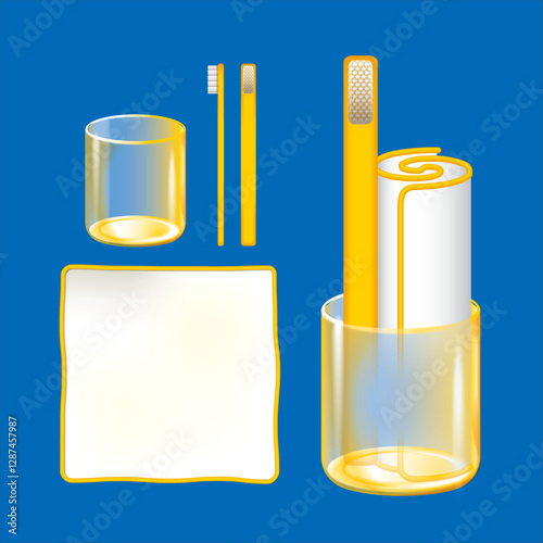 Vector illustration of a toothbrush set, toothpaste, toothbrush, mouthwash cup, towel