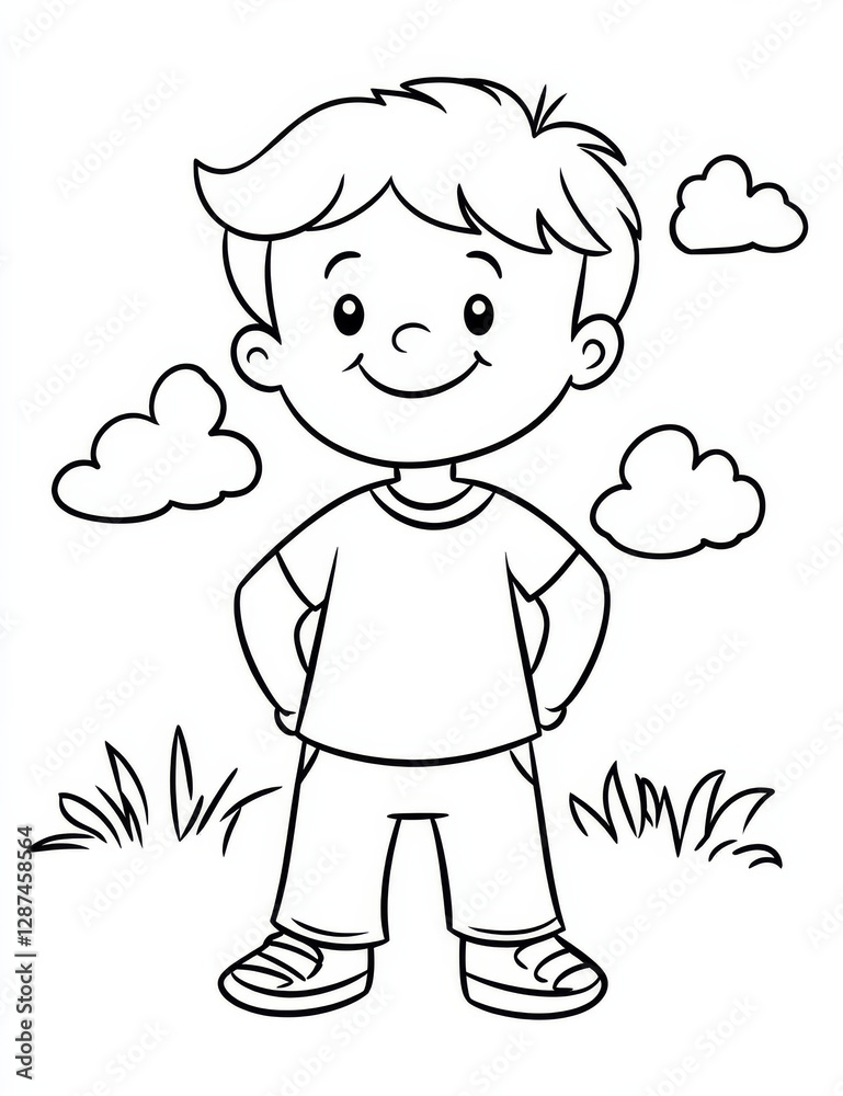 Obraz premium Coloring page for kids featuring happy boy with clouds and grass