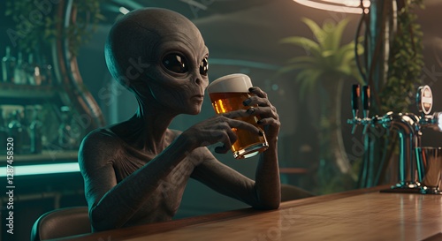 Alien Enjoying a Beer at a Bar Out of This World