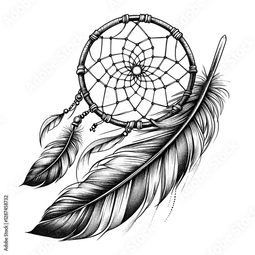 A fine-line tattoo of a dreamcatcher with a single feather. sketch engraving, white background. photo