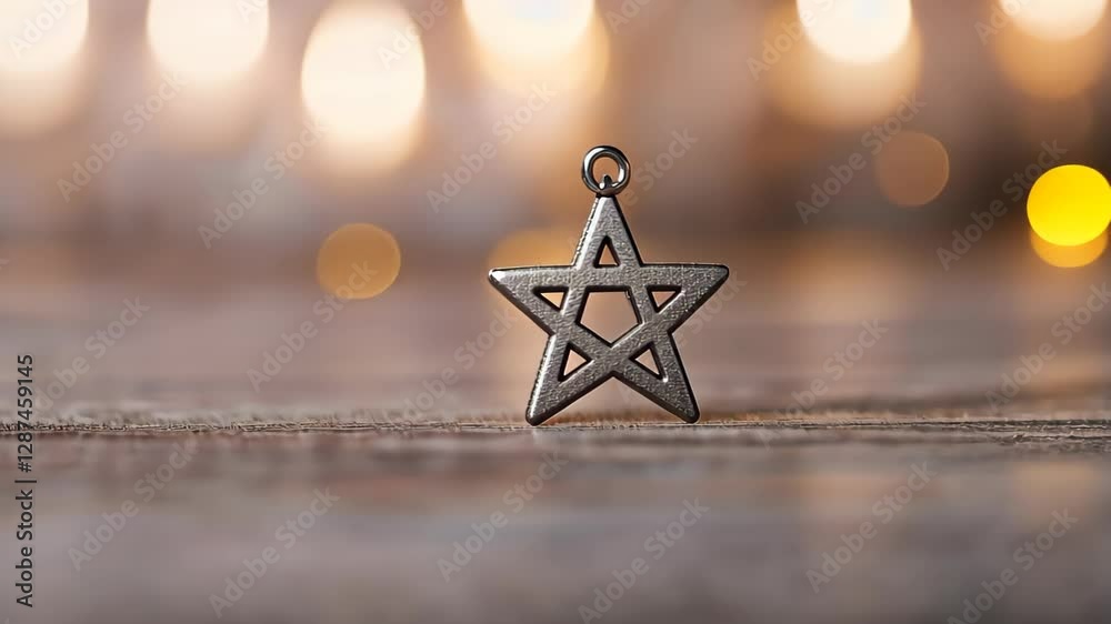 Silver Star of David Pendant on Blurred Candle Background Reflecting Hanukkah Symbolism and Jewish Heritage in Soft Focus