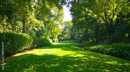 Sunlit park path, green grass, leafy trees, autumn leaves, peaceful scene, nature backdrop