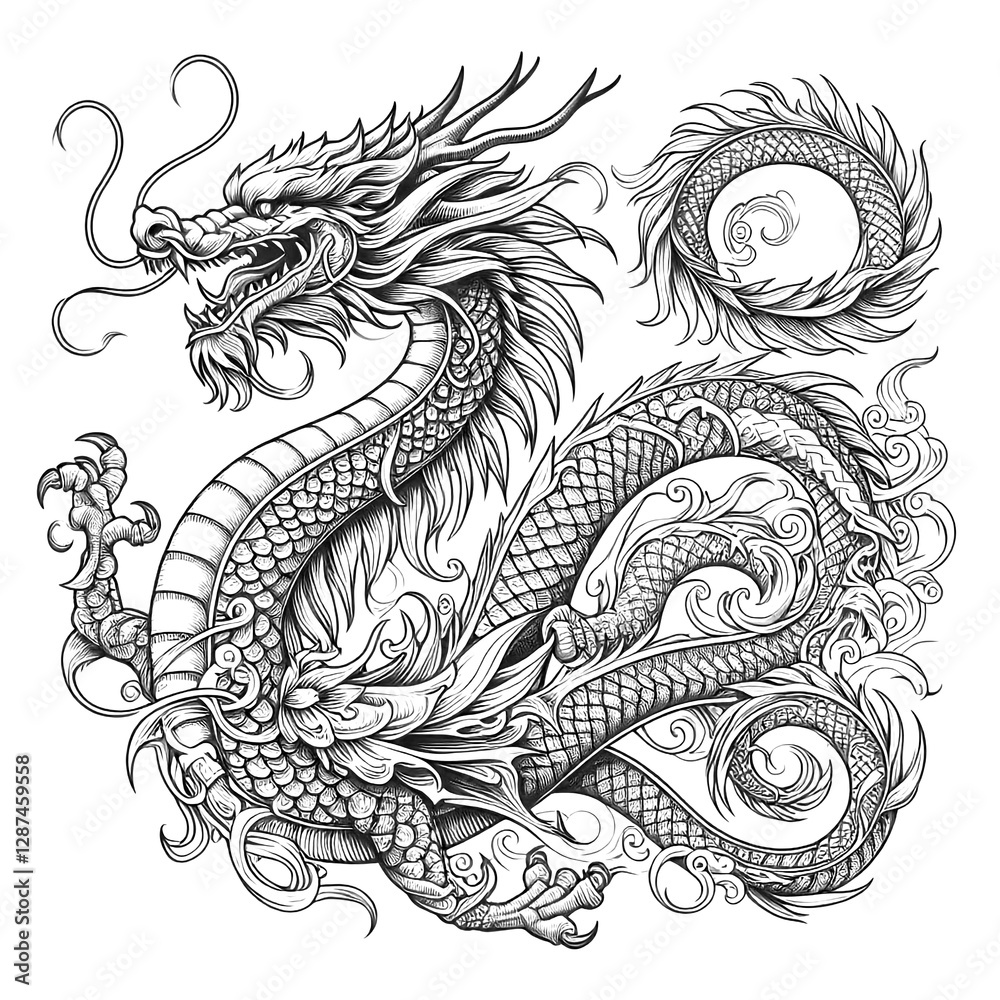 A fine-line tattoo of a dragon with an elegant curved body. sketch engraving, white background. A fine-line tattoo of a dragon with an elegant curved body. sketch engraving, white background.