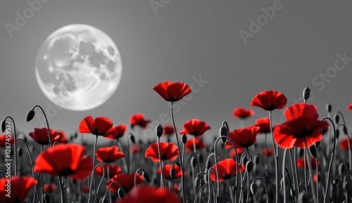 A striking monochromatic landscape is punctuated by vibrant red poppies, creating a powerful visual contrast. The scene is set against a backdrop of a large, luminous moon