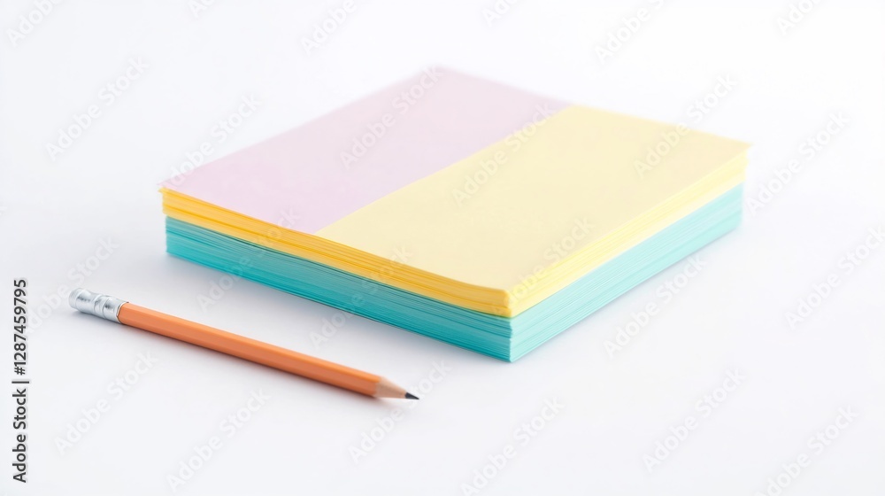 Sticky note pad with a pencil beside it positioned on a bright white background for simplicity Sticky note pad with a pencil beside it positioned on a bright white background for simplicity