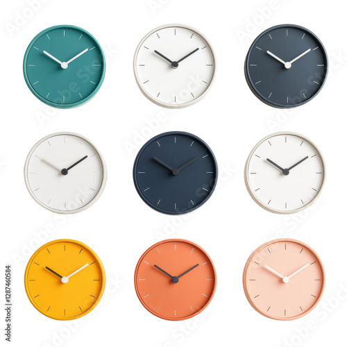 Colorful wall clocks in various designs arranged in grid pattern