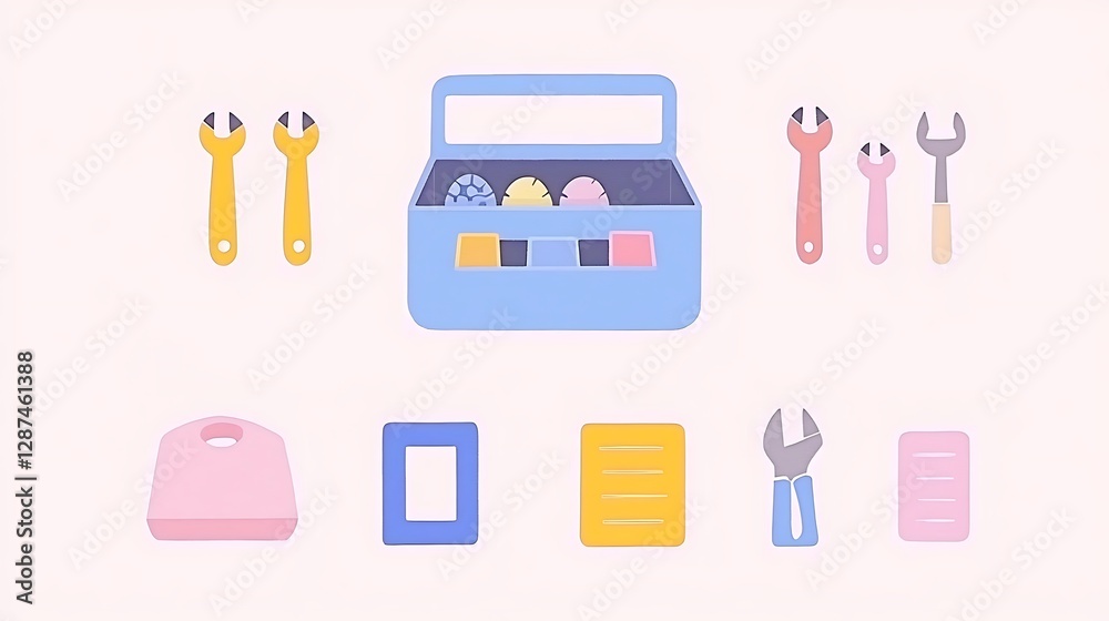 Fototapeta premium Colorful Toolbox with Various Tools and Accessories on Soft Background