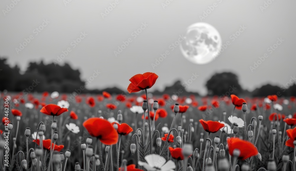 Obraz premium A striking monochromatic landscape is punctuated by vibrant red poppies, creating a powerful visual contrast. The scene is set against a backdrop of a large, luminous moon