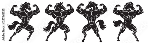 Horse bodybuilder silhouette vector, Muscular Stallion Flexing Silhouette Illustration