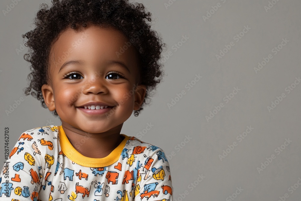 A smiling toddler wearing a shirt against a neutral background A smiling toddler wearing a shirt against a neutral background