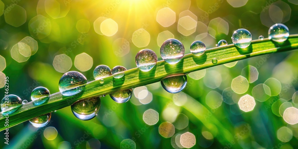 Obraz premium Macro Photography Water Droplets Grass Leaf Bokeh Soft Light Dew Drops Nature Background