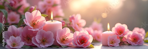 Flowers and candles. Soft pink spring flowers with candles and blurred background with copy space.
