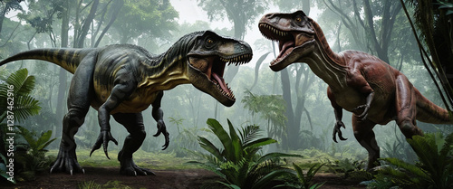 Tyrannosaurus. Battle of prehistoric giant dinosaurs.