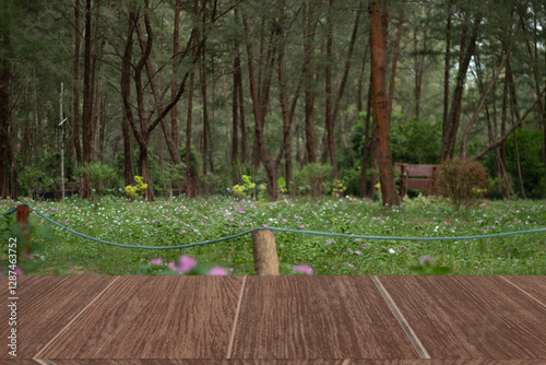 Wooden table floor isolated blurred background flowers and nature