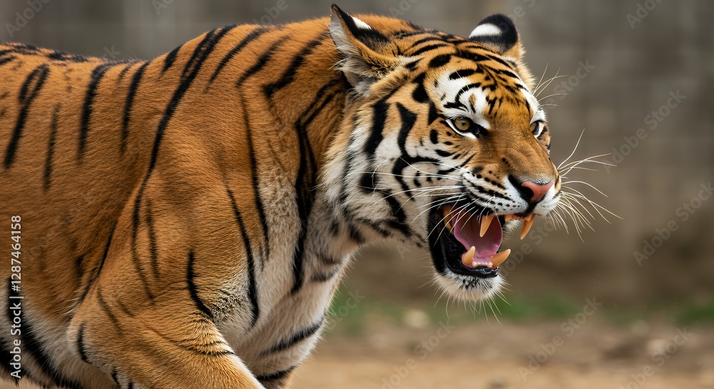 Obraz premium Roaring Tiger with Visible Fangs Shows Power and Aggression in Profile