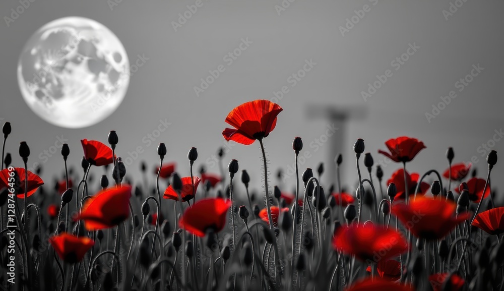 Obraz premium A striking monochromatic landscape is punctuated by vibrant red poppies, creating a powerful visual contrast. The scene is set against a backdrop of a large, luminous moon