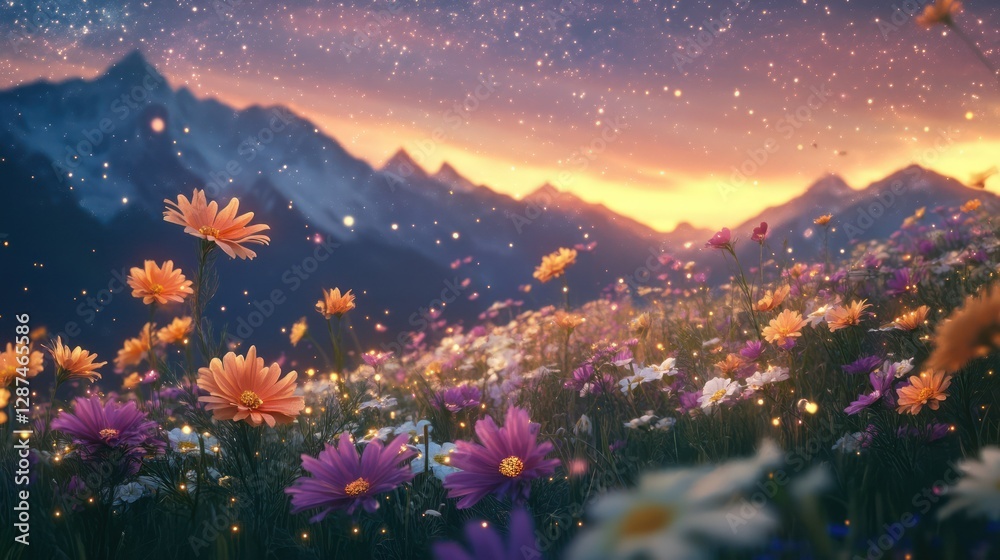 Naklejka premium Magical sunset, mountain flowers