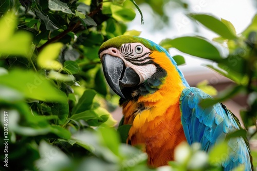 Vibrant macaw perched among lush green foliage in a tropical setting showcasing its colorful plumage and captivating gaze