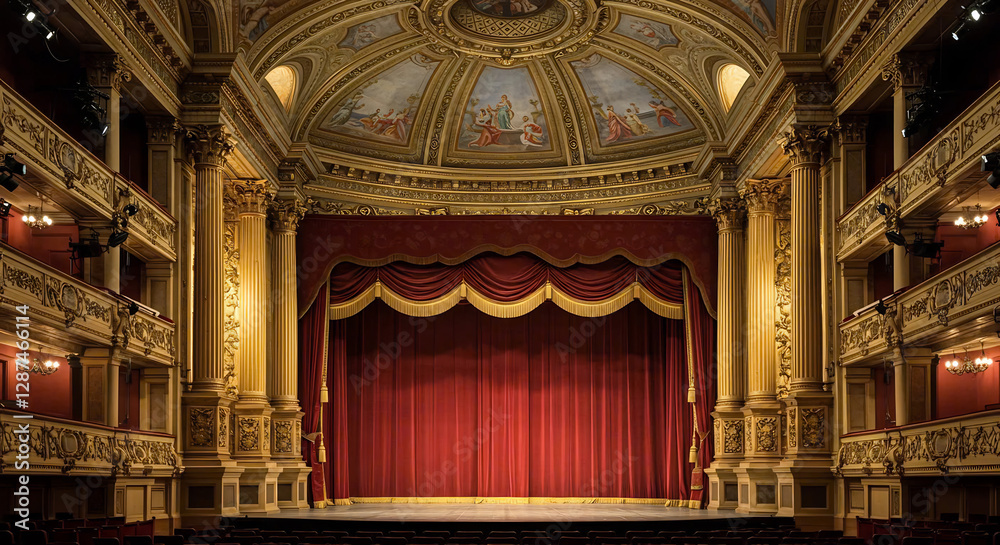 Fototapeta premium Grand Theater Stage with Red Velvet Curtains and Ornate Gold Details