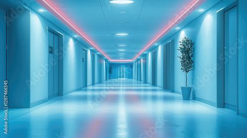 minimalist office hallway with blue lighting and modern decor creates serene atmosphere