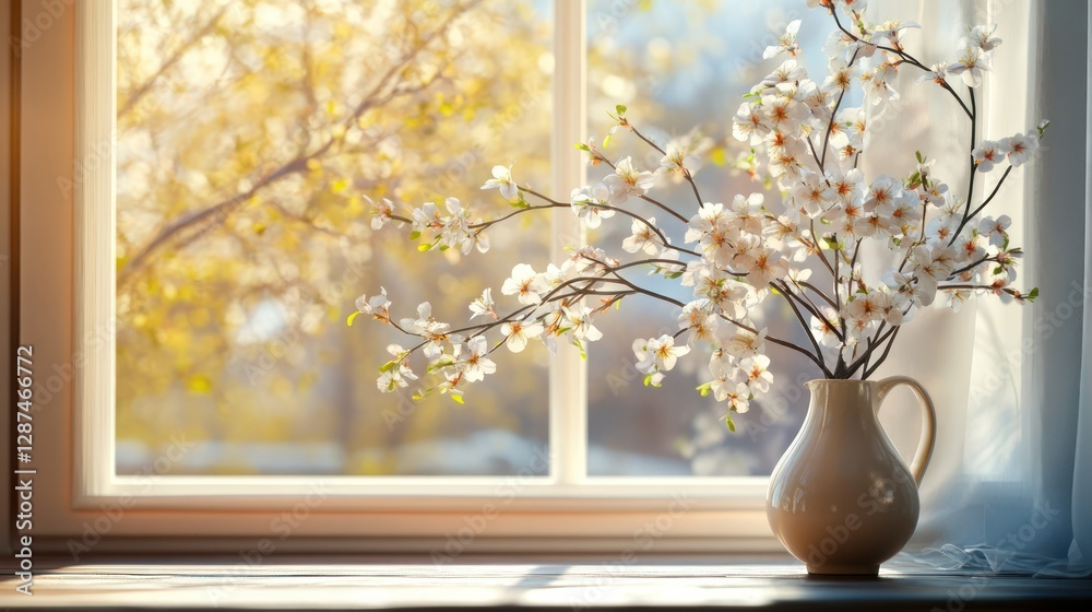 Spring blooms vase window sunlight home decor Spring blooms vase window sunlight home decor