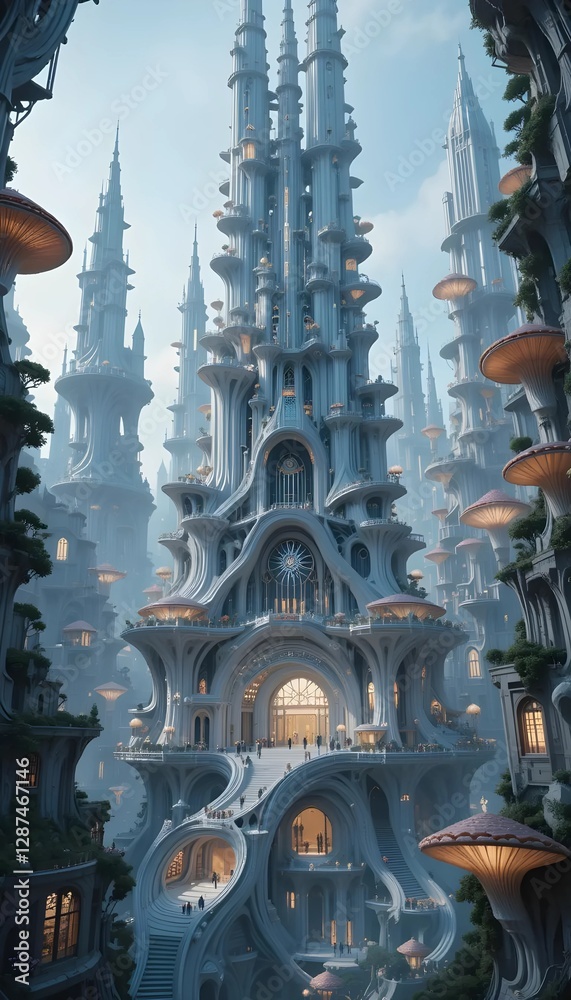 Fototapeta premium Majestic fantasy castle with glowing mushrooms and intricate architecture in a surreal, dreamlike setting.