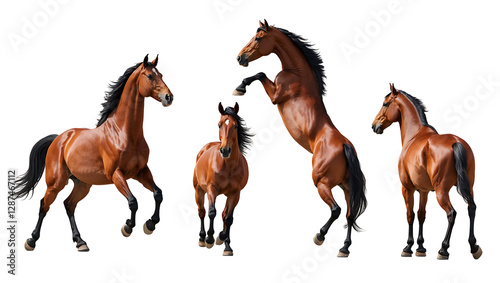 Group of powerful chestnut horses with long manes in various poses, highly detailed and realistic style, clean white background for easy use