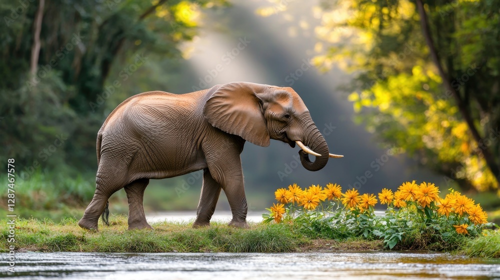 Fototapeta premium Majestic elephant walking near river with vibrant yellow flowers in lush green forest at golden hour light