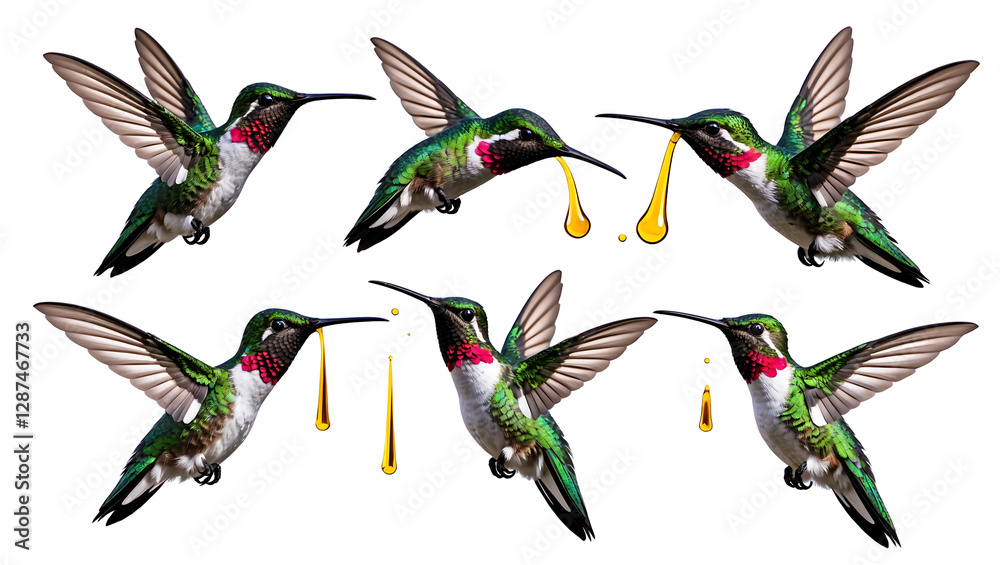 Obraz premium Elegant colorful hummingbirds in flight with vivid plumage and intricate feather details, hyper-realistic 3D PNG set in various poses on transparent background