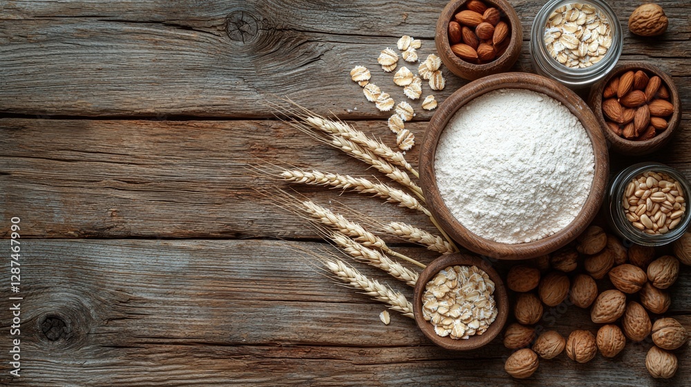 Aesthetic arrangement of nuts and flour on a rustic surface representing healthy baking ingredients Aesthetic arrangement of nuts and flour on a rustic surface representing healthy baking ingredients