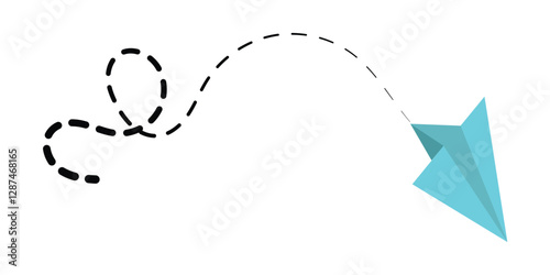 Paper plane with dotted line. Travel symbol. Origami paper airplane, isolated vector illustration.  Outline flying planes with dotted track direction. Black linear paper plane icon in eps 10.