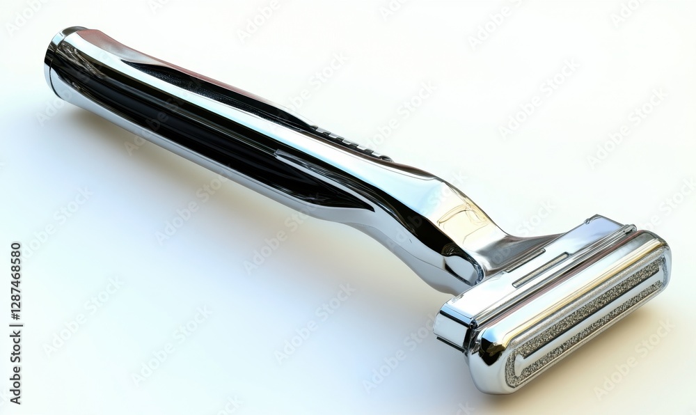 Chrome razor on white background, ready for a clean shave Chrome razor on white background, ready for a clean shave