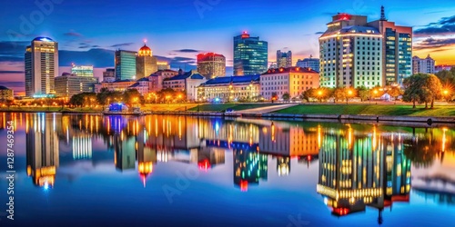 Minsk Night Reflection, Svisloch River Illumination, Cityscape Photography, Belarus Night Scenery, Urban Nightscape photo