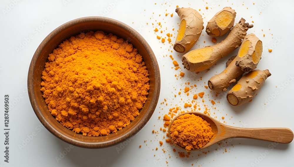 Dried turmeric powder in bowl and wooden spoon curcumin , yellow ginger isolated on white color background, Used for cooking, natural dye and as herbal medicine. Top view Flat lay
