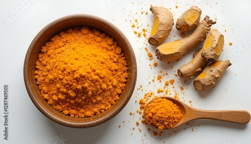 Obraz na płótnie Dried turmeric powder in bowl and wooden spoon curcumin , yellow ginger isolated on white color background, Used for cooking, natural dye and as herbal medicine. Top view Flat lay w salonie