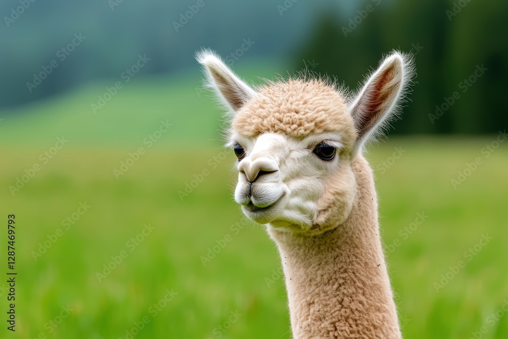 Obraz premium Portrait of a charming alpaca gazing in a green field with soft fur and curious eyes in a serene natural scene
