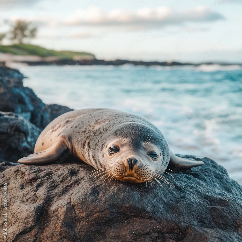 Obraz premium Serene Hawaiian Monk Seal Resting on Volcanic Rock by the Ocean at Sunset Capturing Peaceful Coastal Wildlife