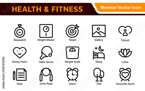 Health and Fitness Icon Set. Vector Icons for Exercise, Wellness, Nutrition, Gym, Yoga, and Healthy Lifestyle