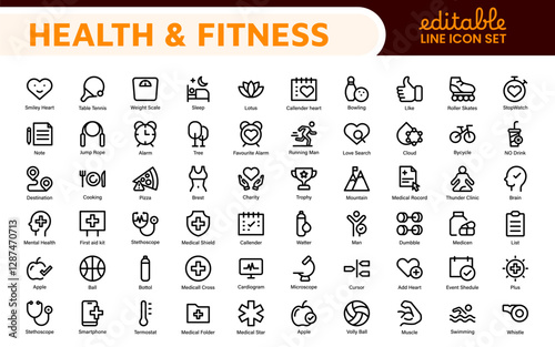 Health and Fitness Icon Set. Vector Icons for Exercise, Wellness, Nutrition, Gym, Yoga, and Healthy Lifestyle
