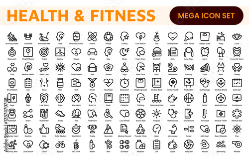 Health and Fitness Icon Set. Vector Icons for Exercise, Wellness, Nutrition, Gym, Yoga, and Healthy Lifestyle