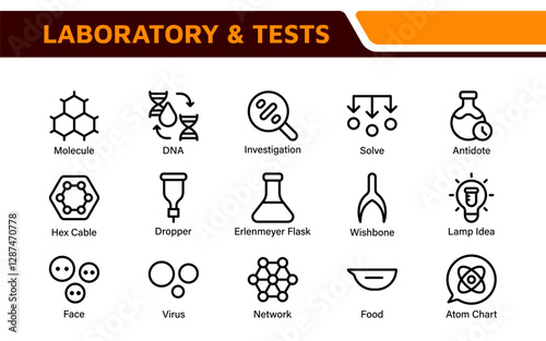 Laboratory and Tests Icon Set. A precise collection of icons for scientific testing and research, perfect for enhancing educational materials, lab websites, and health applications.