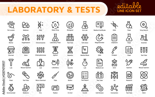 Laboratory and Tests Icon Set. A precise collection of icons for scientific testing and research, perfect for enhancing educational materials, lab websites, and health applications.