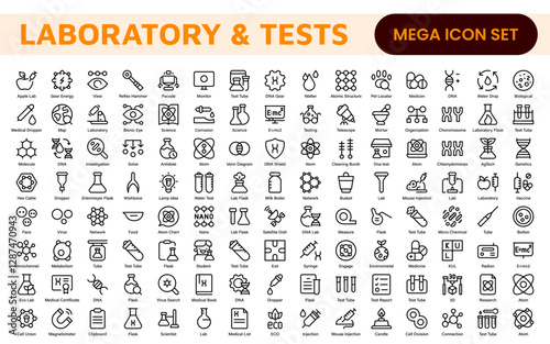 Laboratory and Tests Icon Set. A precise collection of icons for scientific testing and research, perfect for enhancing educational materials, lab websites, and health applications.